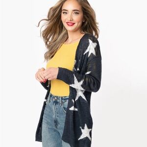Unique Vintage Women's Star Patterned Navy Cardigan
